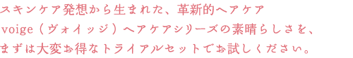 スキンケア発想から生まれた、革新的ヘアケア
voige(ヴォイッジ)ヘアケアシリーズの素晴らしさを、
まずは大変お得なトライアルセットでお試しください。