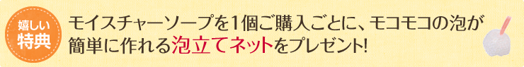 嬉しい特典 モイスチャーソープを1個ご購入ごとに、モコモコの泡が簡単に作れる泡立てネットをプレゼント！