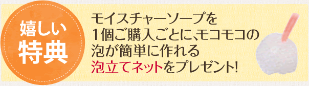 嬉しい特典モイスチャーソープを1個ご購入ごとに、モコモコの泡が簡単に作れる泡立てネットをプレゼント！ 